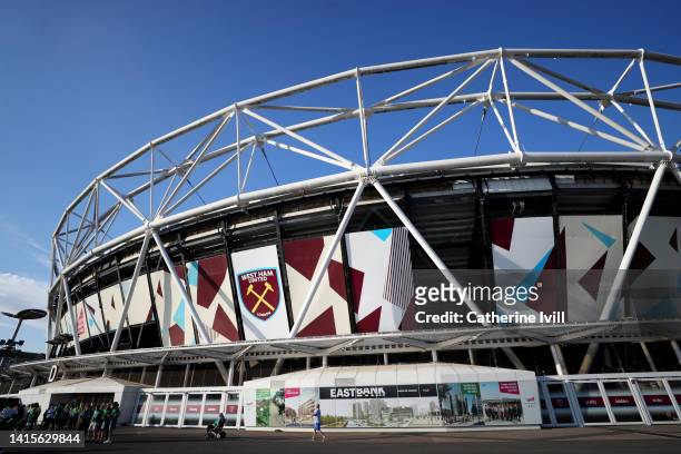 General view outside the stadium prior to the UEFA Europa Conference League 2022/23 Play-Off First Leg match between West Ham United and Viborg FF at...