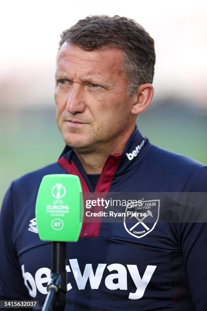 Billy McKinlay, First Team Coach of West Ham United speaks to the media prior to the UEFA Europa Conference League 2022/23 Play-Off First Leg match...