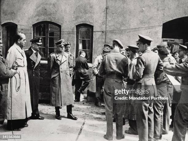 From left, the former ministry Albert Speer, the Reich grand admiral and chancellor Karl Doenitz and the general Alfred Jodl, some minutes after...