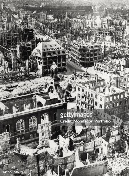 Aerial view of Dresden center, where Pragerstrasse and Ringstrasse meet, devastated by the Anglo-American bombing of the 13th and 14th of February...