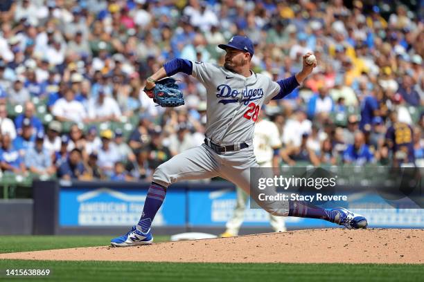 Andrew Heaney of the Los Angeles Dodgers throws a pitch during the first inning against the Milwaukee Brewers at American Family Field on August 18,...