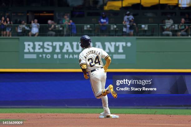 Andrew McCutchen of the Milwaukee Brewers runs the bases following a home run during the first inning against the Los Angeles Dodgers at American...
