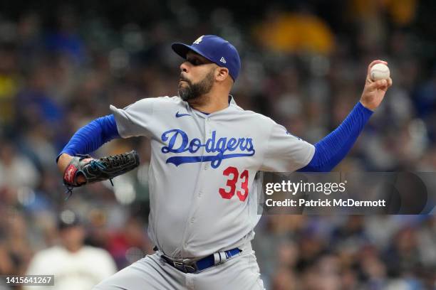 David Price of the Los Angeles Dodgers pitches against the Milwaukee Brewers in the seventh inning at American Family Field on August 16, 2022 in...