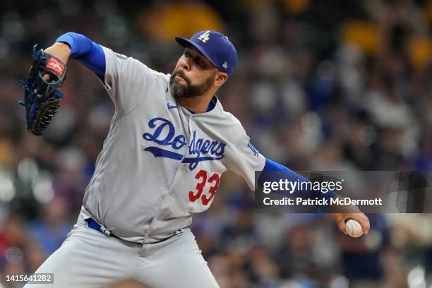 David Price of the Los Angeles Dodgers pitches against the Milwaukee Brewers in the seventh inning at American Family Field on August 16, 2022 in...