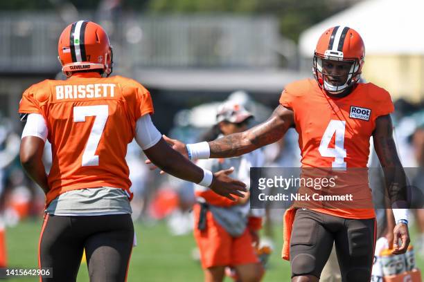 Deshaun Watson of the Cleveland Browns replaces Jacoby Brissett in a drill during a joint practice with the Philadelphia Eagles at CrossCountry...