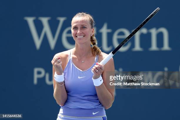 Petra Kvitova of Czech Republic celebrates match point against Ons Jabeur of Tunisia during the Western & Southern Open at Lindner Family Tennis...