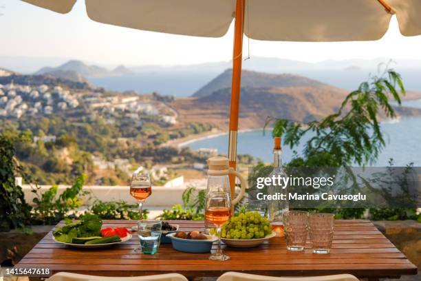 table set for dinner outside - bodrum turkey stock pictures, royalty-free photos & images