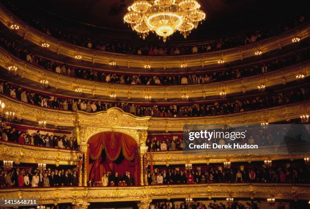 General view of the Bolshoi Theatre as the audience stands during a performance, Moscow, Russia, March 29, 1987. The photo was taken during Prime...