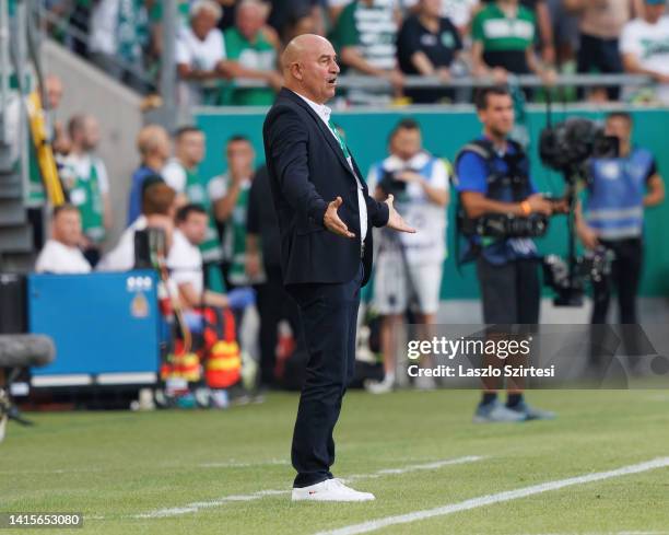 Stanislav Cherchesov, Manager of Ferencvaros reacts during the UEFA Europa League Play Off First Leg match between Ferencvaros and Shamrock Rovers at...