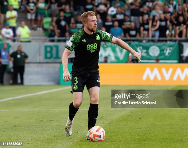 Sean Hoare of Shamrock Rovers controls the ball during the UEFA Europa League Play Off First Leg match between Ferencvaros and Shamrock Rovers at...