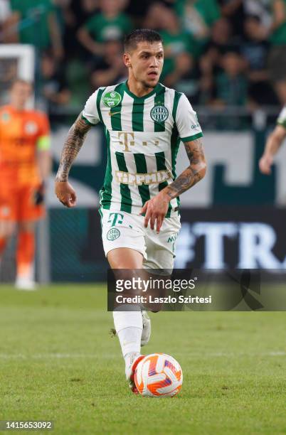 Muhamed Besic of Ferencvaros controls the ball during the UEFA Europa League Play Off First Leg match between Ferencvaros and Shamrock Rovers at...