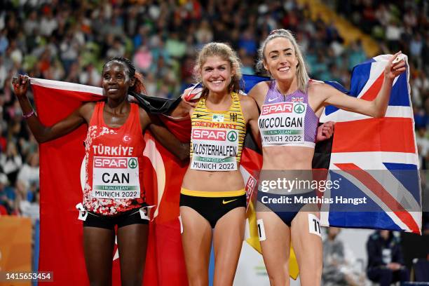 Silver medalist Yasemin Can of Turkey, gold medalist Konstanze Klosterhalfen of Germany and bronze medalist Eilish McColgan of Great Britain...