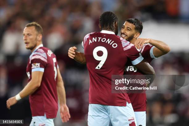 Michail Antonio of West Ham United celebrates with Said Benrahma after scoring their side's third goal during the UEFA Europa Conference League...