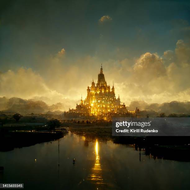 a golden castle on the river bank - spire stock pictures, royalty-free photos & images