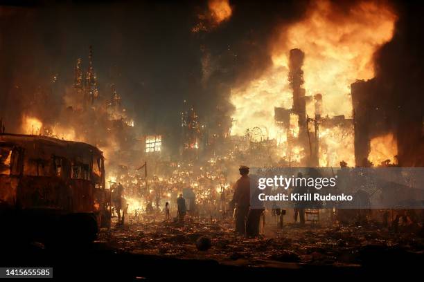 apocalyptic scene with burning buildings and cars - ruined fotografías e imágenes de stock