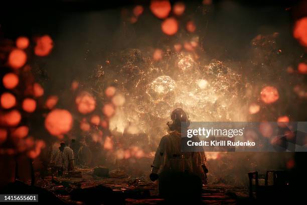 a person looking at an apocalyptic scene - horror of war stock pictures, royalty-free photos & images