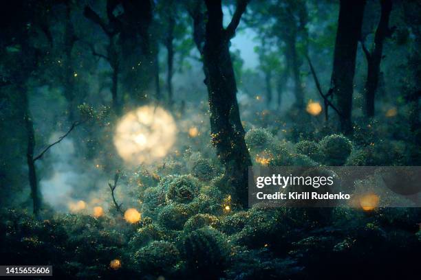 virus at night in the forest - microorganismo fotografías e imágenes de stock