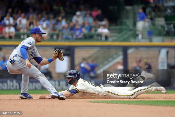 Mike Brosseau of the Milwaukee Brewers beats a tag by Gavin Lux of the Los Angeles Dodgers during the fifth inning to steal second base at American...