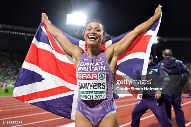 Jazmin Sawyers of Great Britain celebrates winning bronze in the Women's Long Jump Final during the Athletics competition on day 8 of the European...