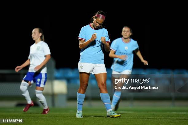 Deyna Castellanos of Manchester City celebrates after scoring their side's fifth goal during the UEFA Women's Champions League match between...