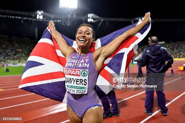 Jazmin Sawyers of Great Britain celebrates winning bronze in the Women's Long Jump Final during the Athletics competition on day 8 of the European...