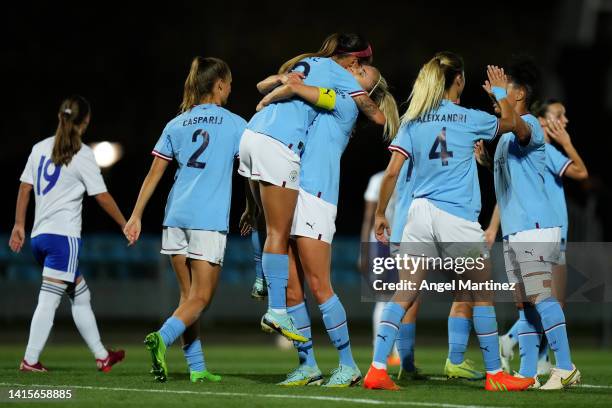 Deyna Castellanos of Manchester City celebrates with Steph Houghton after scoring their side's fifth goal during the UEFA Women's Champions League...