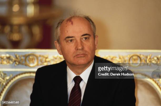 Close-up of Soviet leader Mikhail Gorbachev, Moscow, Russia, March 29, 1987.