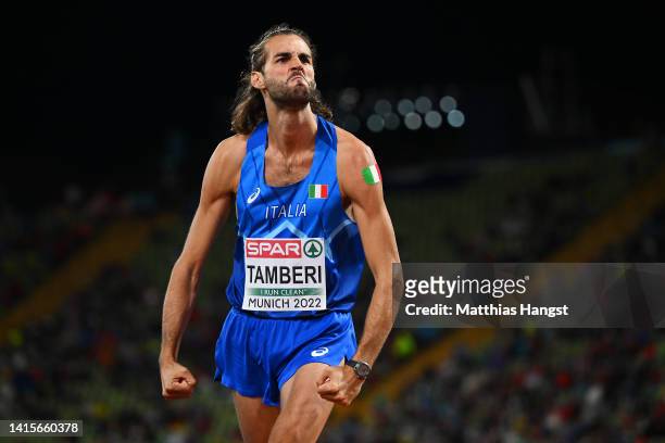 Gianmarco Tamberi of Italy celebrates as he competes in the Men's High Jump Final during the Athletics competition on day 8 of the European...