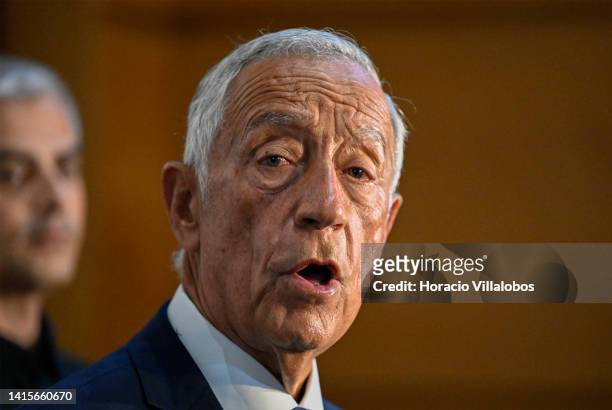 Portuguese President Marcelo Rebelo de Sousa talks to journalists at the end of the operational briefing on forest fires held at the Autoridade...