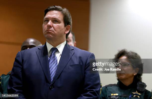 Florida Gov. Ron DeSantis waits to speak during a press conference held at the Broward County Courthouse on August 18, 2022 in Fort Lauderdale,...