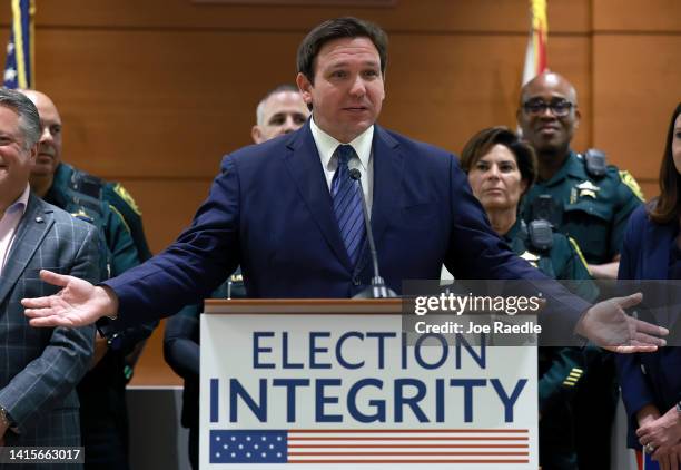 Florida Gov. Ron DeSantis speaks during a press conference held at the Broward County Courthouse on August 18, 2022 in Fort Lauderdale, Florida. The...
