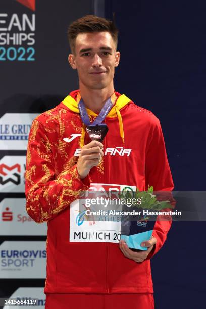 Bronze medalist Mario Garcia of Spain celebrates during the Athletics - Men's 1500m Final Medal Ceremony on day 8 of the European Championships...