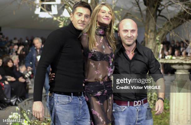 Fashion designers Stefano Gabbana , Domenico Dolce and Gisele Bundchen walk the runway during the Dolce & Gabbana Ready to Wear Fall/Winter 2001...
