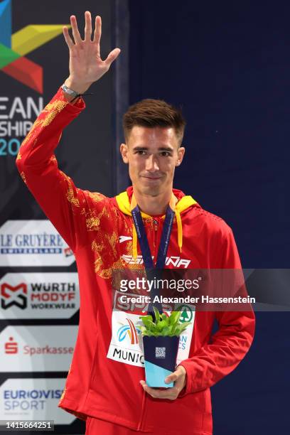 Bronze medalist Mario Garcia of Spain celebrates during the Athletics - Men's 1500m Final Medal Ceremony on day 8 of the European Championships...