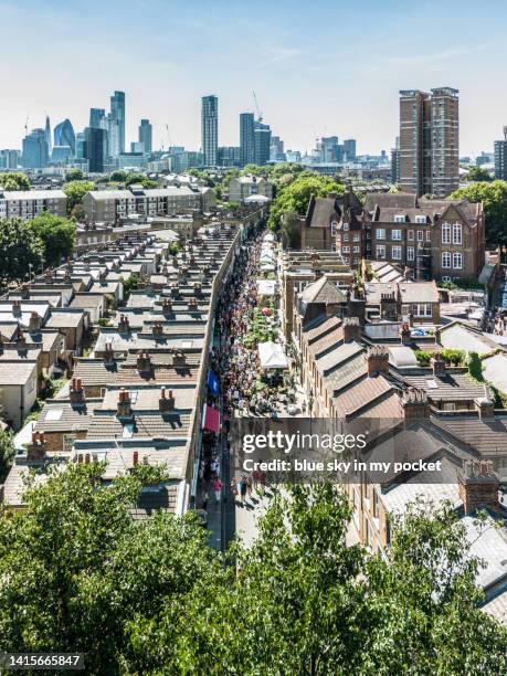 london - columbia road flower market, from a drone perspective - columbia road stock pictures, royalty-free photos & images