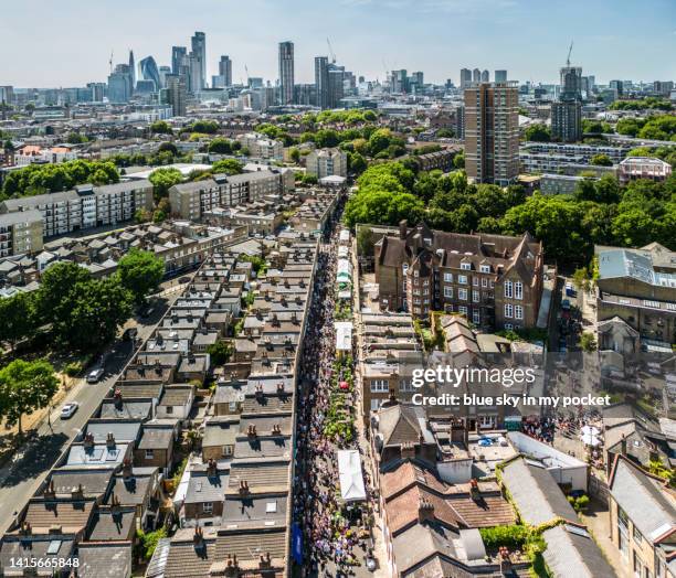 london - columbia road flower market, from a drone perspective - columbia road stock pictures, royalty-free photos & images