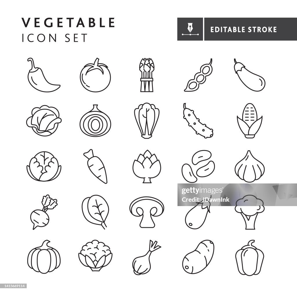 Whole and sliced fresh vegetables thin line Icon set - editable stroke