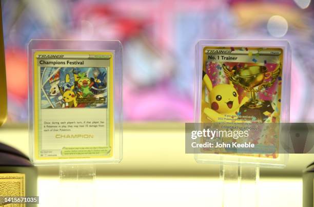 The Pikachu Pokemon winners cards are displayed during the 2022 Pokémon World Championships at ExCel on August 18, 2022 in London, England. For the...