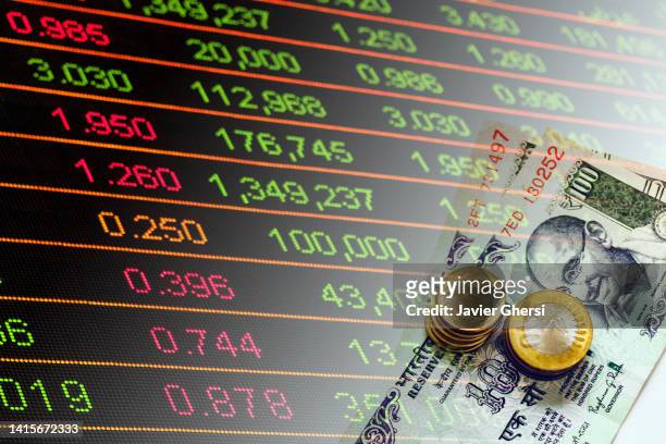indian rupees cash banknotes and coins and stock market indicators - indian economy business and finance imagens e fotografias de stock