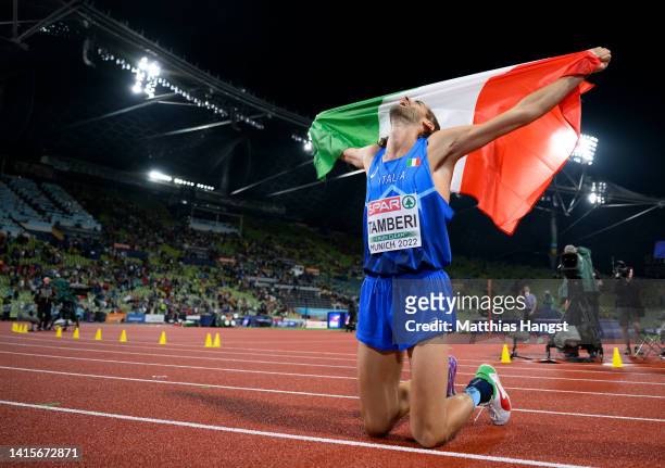 Gianmarco Tamberi of Italy celebrates winning gold in the Men's High Jump Final during the Athletics competition on day 8 of the European...