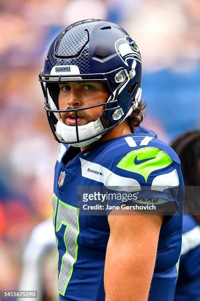Jacob Eason of the Seattle Seahawks looks on prior to the preseason game against the Chicago Bears at Lumen Field on August 18, 2022 in Seattle,...