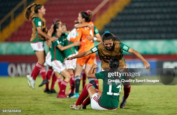 Bridgette Marin of Mexico and Samantha Lopez of Mexico celebrate victory following the FIFA U-20 Women's World Cup Costa Rica 2022 group B match...