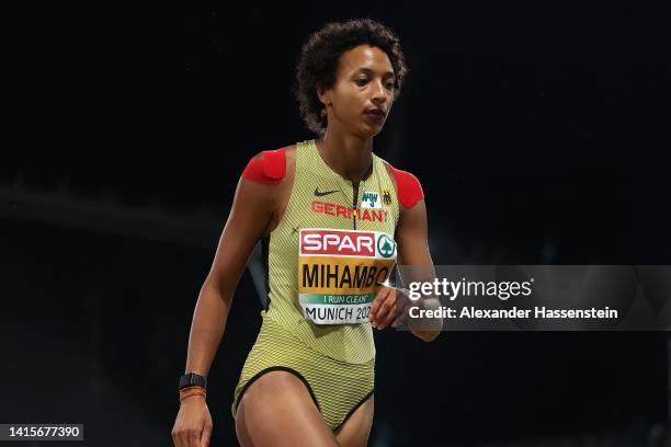 Malaika Mihambo of Germany looks on after competing in the Women's Long Jump Final during the Athletics competition on day 8 of the European...