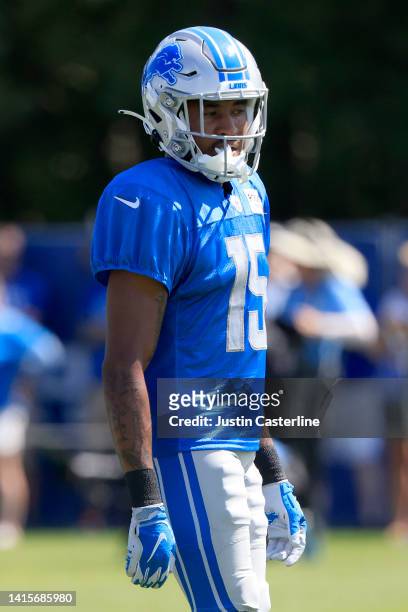 Maurice Alexander of the Detroit Lions looks on during the joint practice with the Indianapolis Colts at Grand Park on August 18, 2022 in Westfield,...