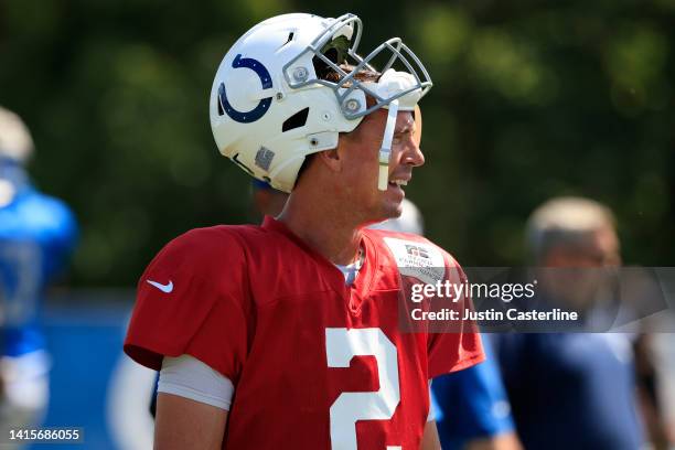 Matt Ryan of the Indianapolis Colts looks on during the joint practice with the Detroit Lions at Grand Park Sports Campus on August 18, 2022 in...