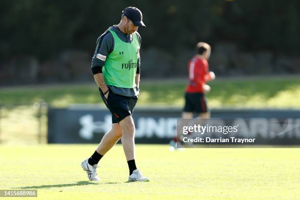 Essendon Bombers AFL coach Ben Rutten is seen during the Captains Run at The Hangar on August 19, 2022 in Melbourne, Australia.