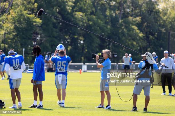 The crew of Hard Knocks films the Detroit Lions during the joint practice with the Indianapolis Colts at Grand Park on August 18, 2022 in Westfield,...