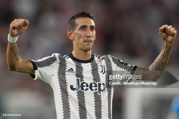 Angel Di Maria of Juventus celebrates after scoring to give the side a 1-0 lead during the Serie A match between Juventus and US Sassuolo at Allianz...