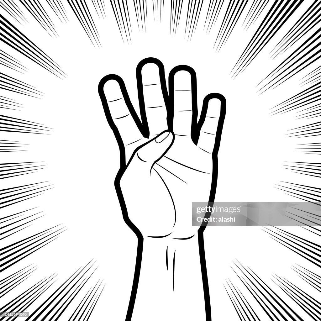 Four Fingers Up or 4's Up hand gesture, gesturing a hand sign of Counting Four in comics effects lines background