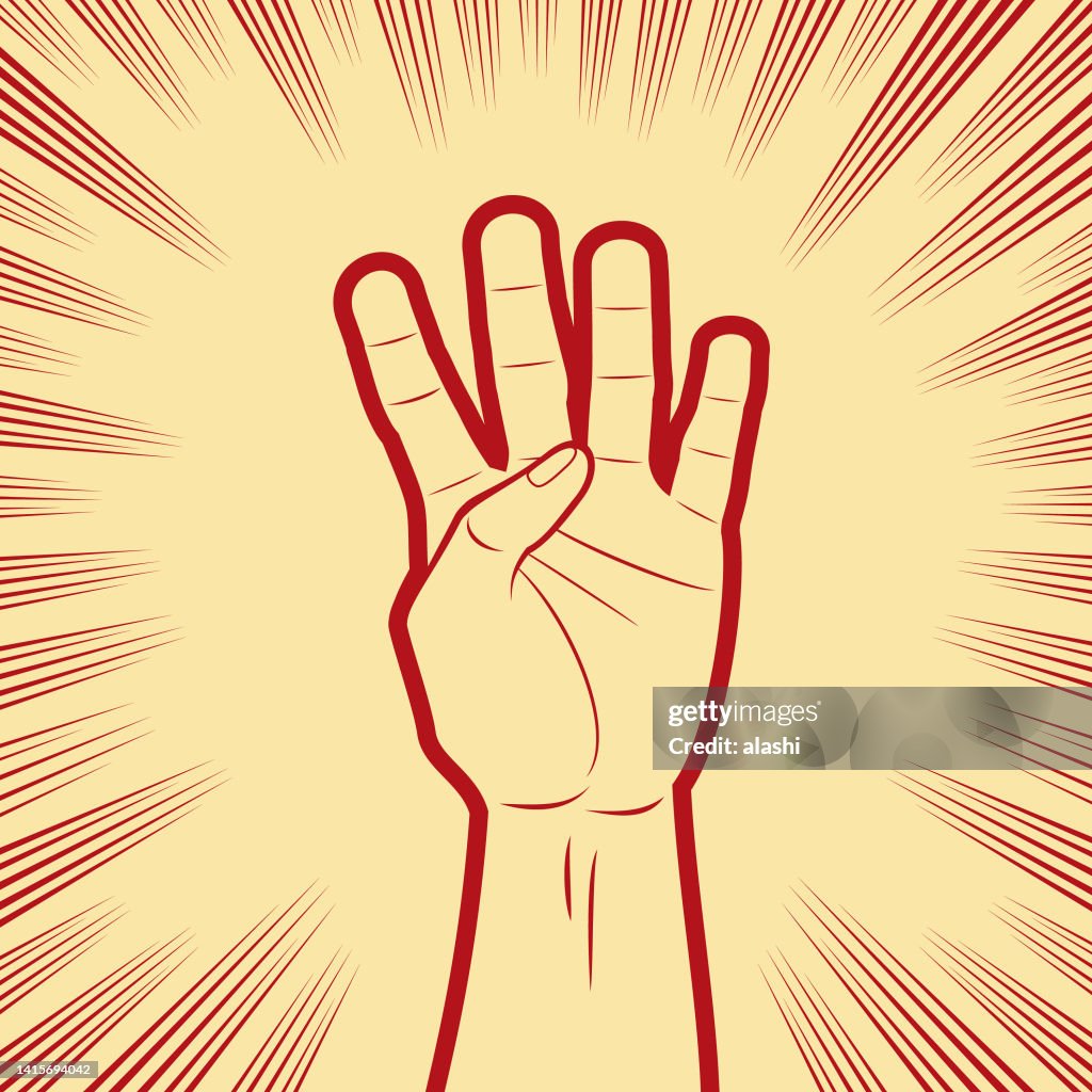 Four Fingers Up or 4's Up hand gesture, gesturing a hand sign of Counting Four in comics effects lines background